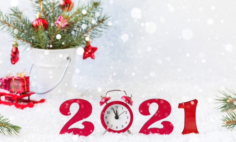 Happy New Year 2021. Holiday card, Christmas carnival invitation.