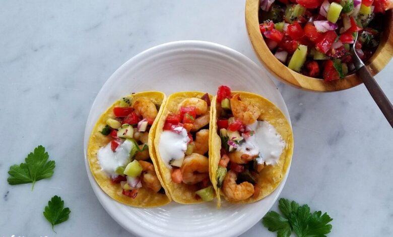 Photo of Zesty Shrimp Poblano Tacos With Kiwi Salsa and Lime Cream