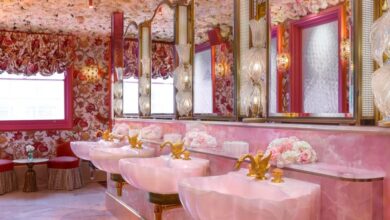 Photo of Eight bathrooms with colourful toilets and sinks