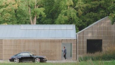 Photo of Bindloss Dawes creates timber car barn for classic Porsche collector