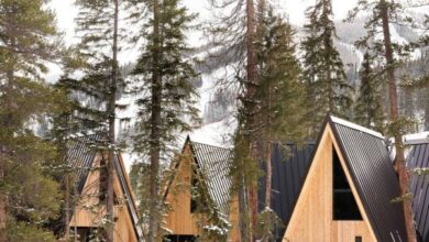 Photo of Skylab arranges series of A-frame Colorado cabins in snowflake pattern