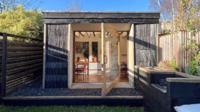 Photo of Stacks of reclaimed slate form facade of The Garden Retreat