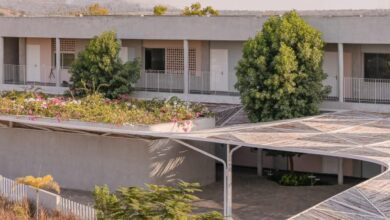 Photo of CollectiveProject shades renovated Indian school with bamboo canopy